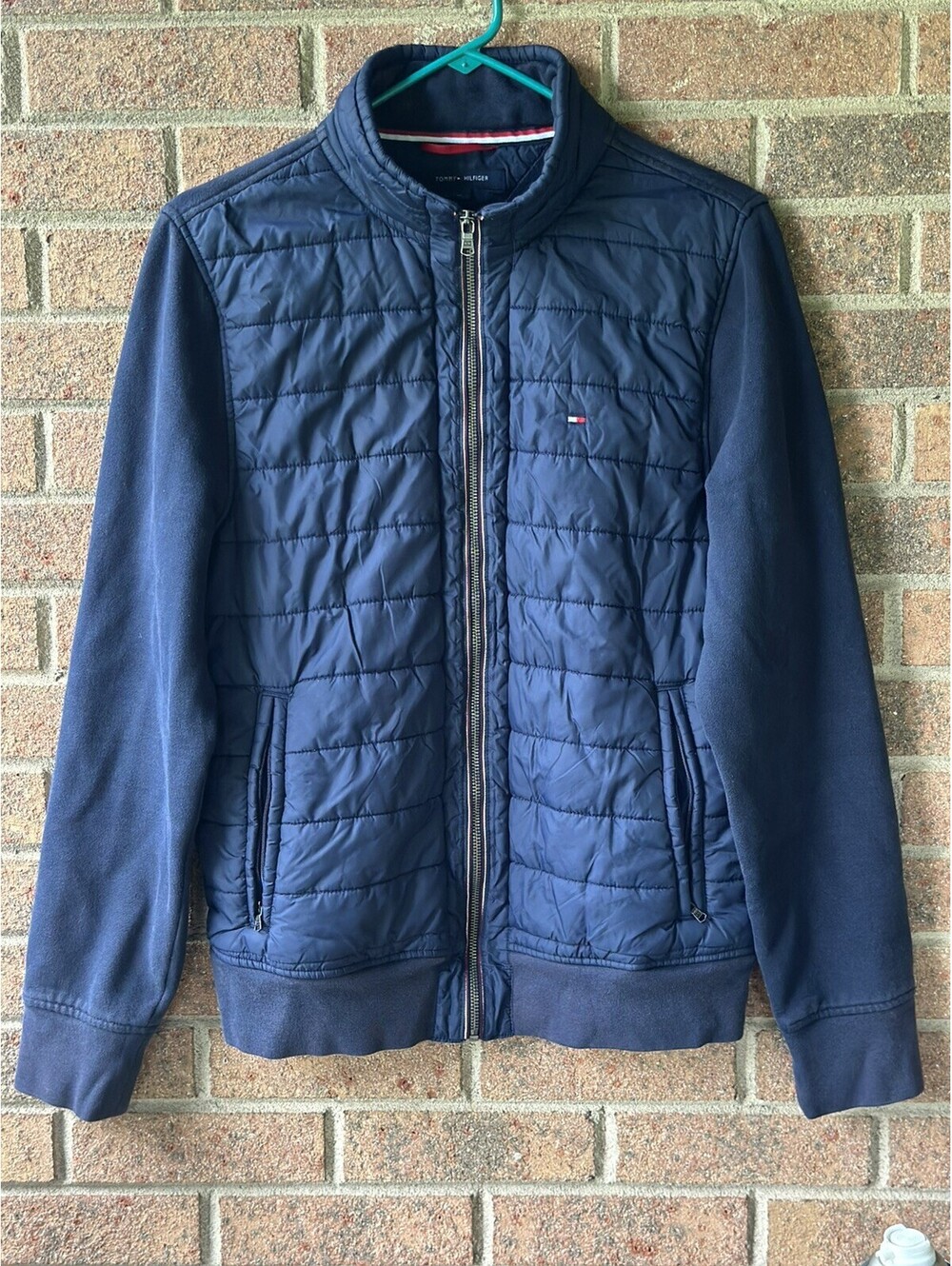 Tommy Hilfiger Men Mixed Media Quilted Puffer Jacket Sweatshirt Navy Blue Size M